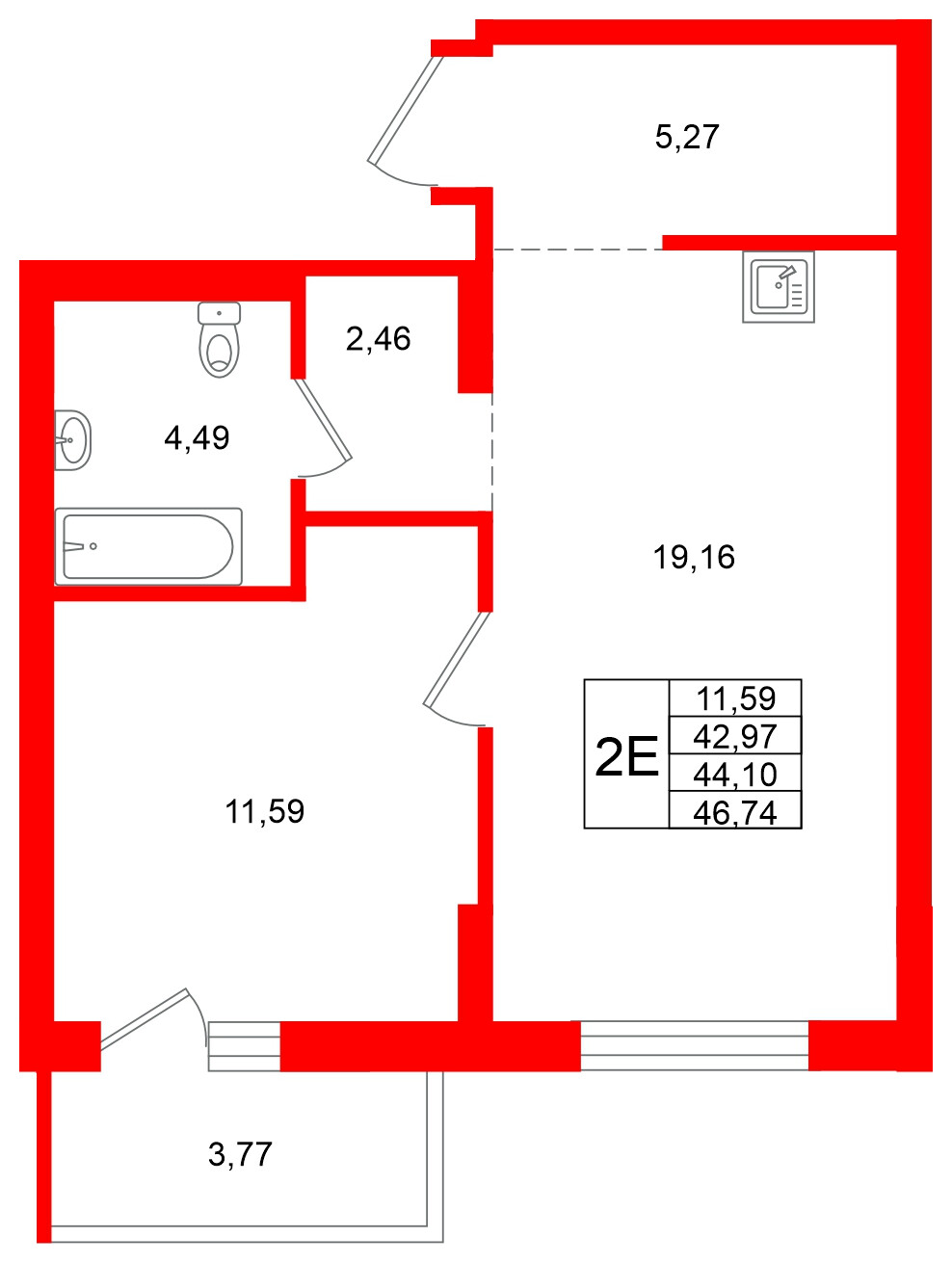 Квартира в ЖК «Брусника в Новоселье», 1 комнатная, 46.74 м², 5 этаж