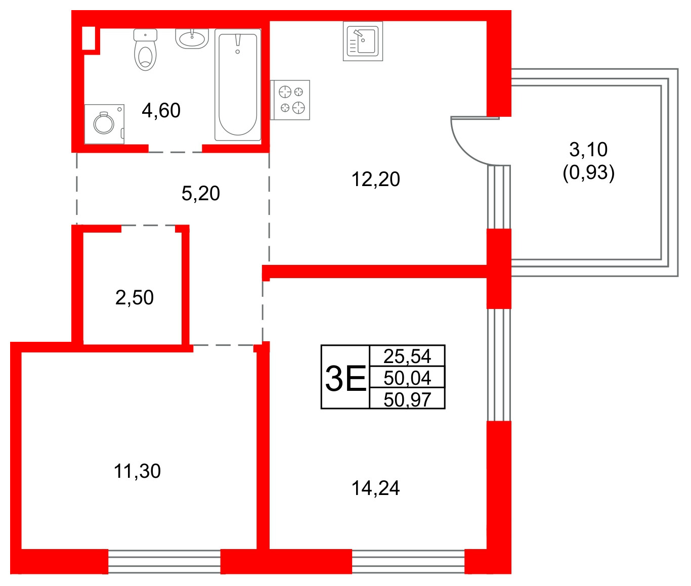 Квартира в ЖК «Плюс Пулковский», 2 комнатная, 50.97 м², 1 этаж