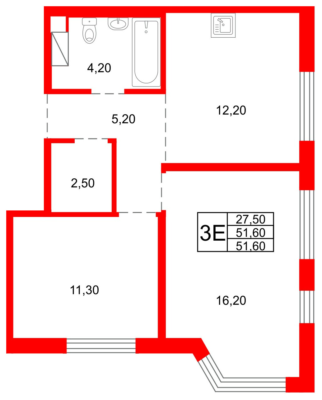 Квартира в ЖК «Плюс Пулковский», 2 комнатная, 51.6 м², 5 этаж