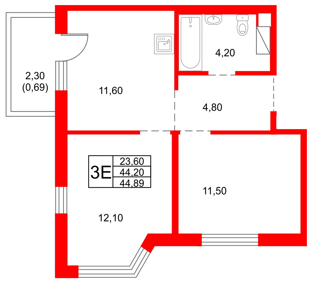 Квартира в ЖК «Плюс Пулковский», 2 комнатная, 44.89 м², 3 этаж