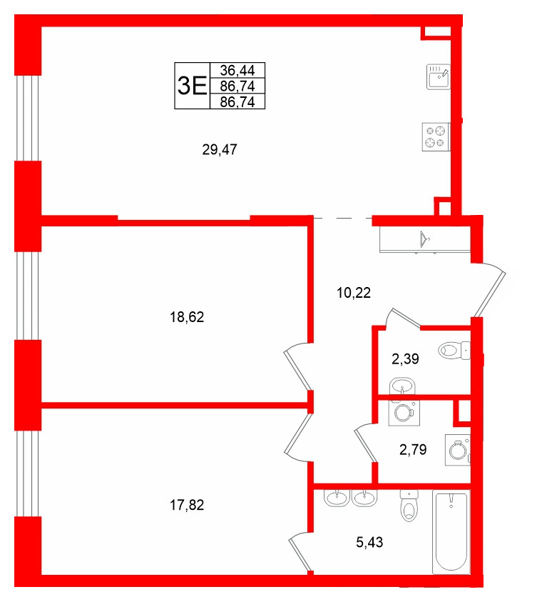 Квартира в ЖК «VI квартал», 2 комнатная, 86.74 м², 2 этаж