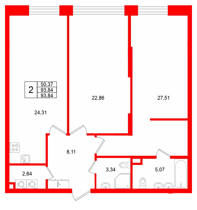 Квартира в ЖК «VI квартал», 2 комнатная, 93.84 м², 2 этаж