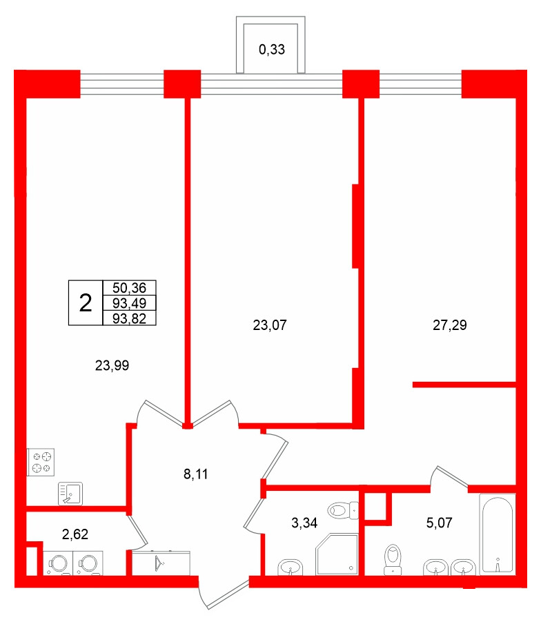 Квартира в ЖК «VI квартал», 2 комнатная, 93.82 м², 3 этаж