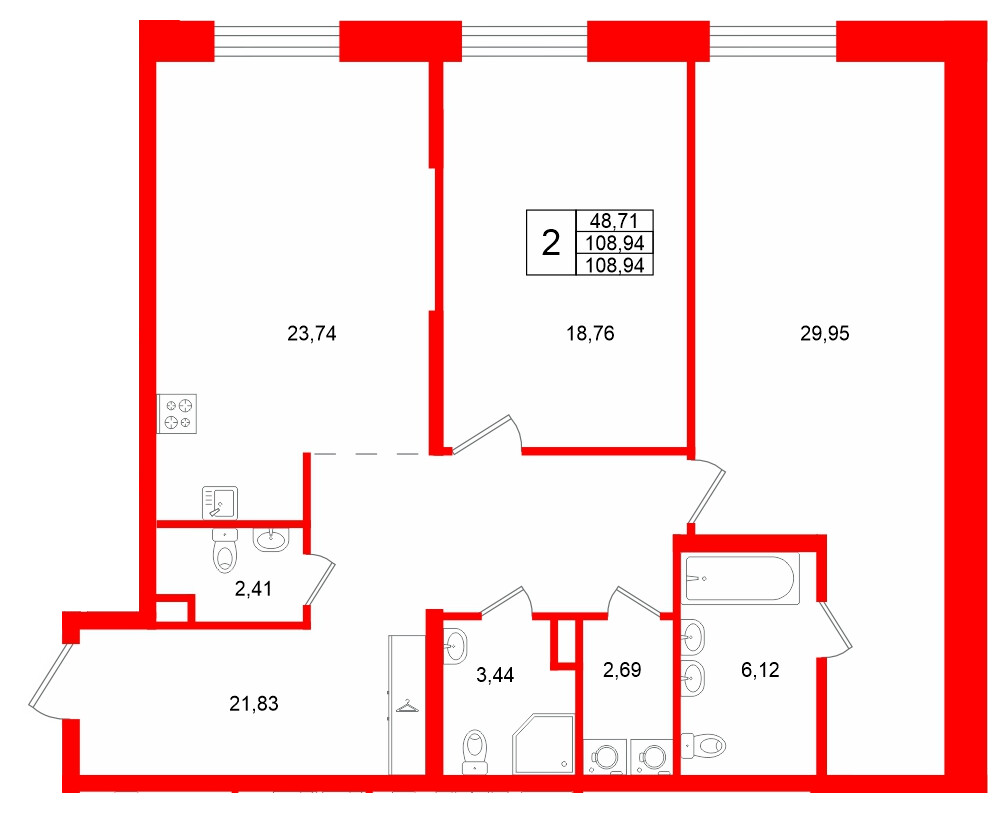 Квартира в ЖК «VI квартал», 2 комнатная, 108.94 м², 2 этаж