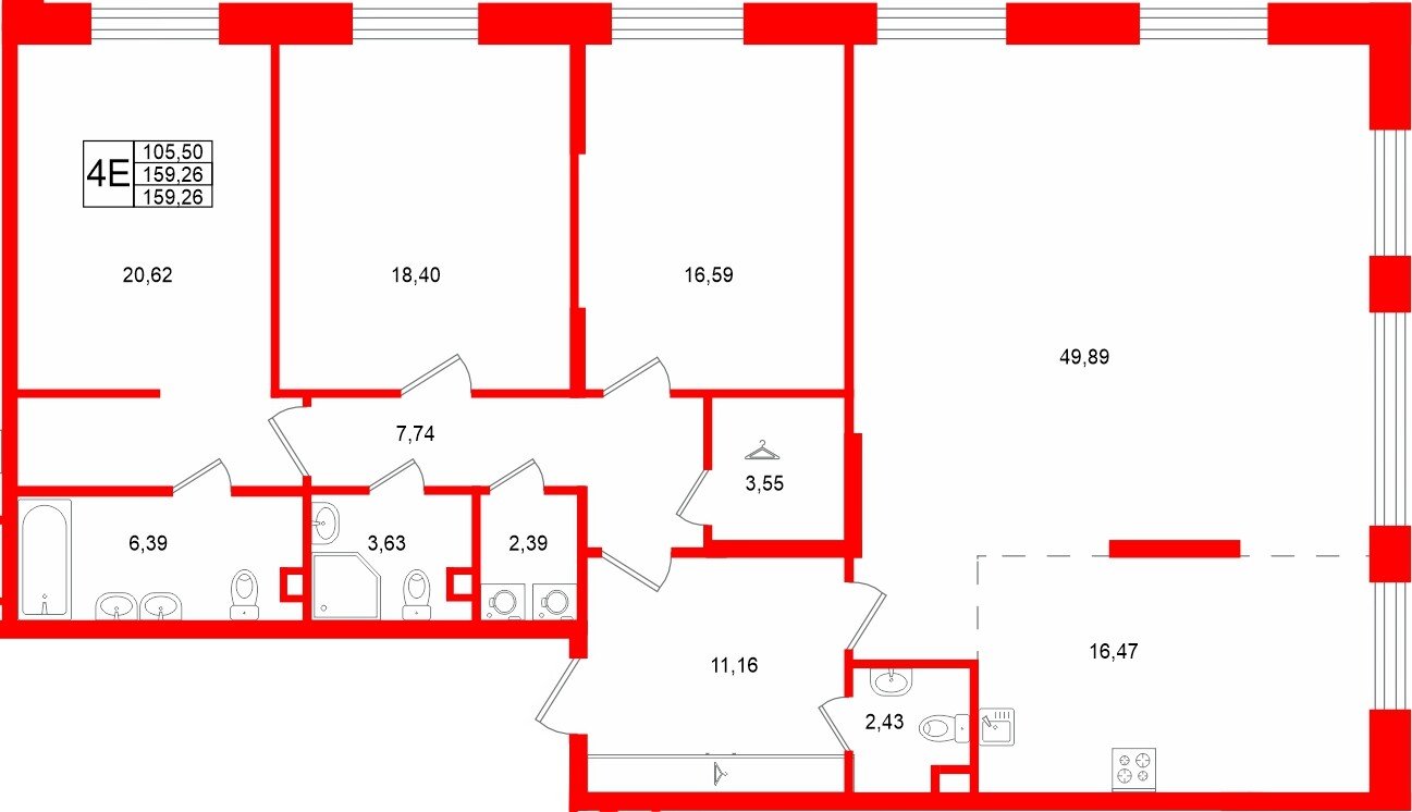 Квартира в ЖК «VI квартал», 3 комнатная, 159.26 м², 2 этаж