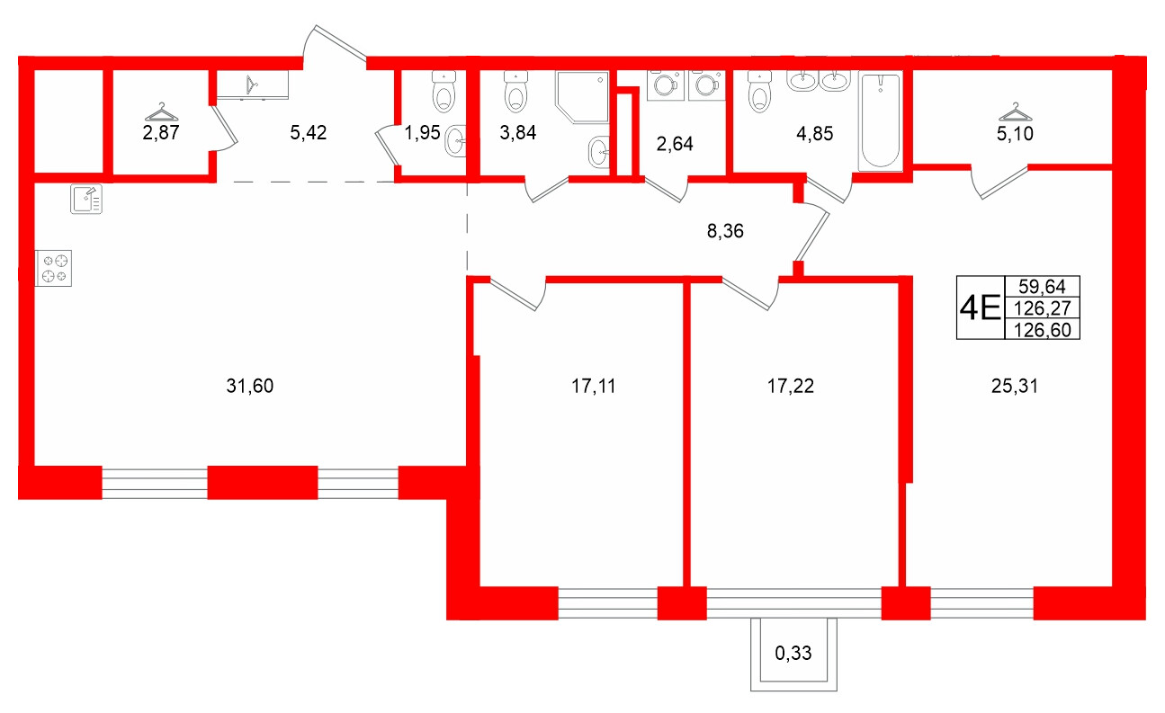 Квартира в ЖК «VI квартал», 3 комнатная, 126.6 м², 3 этаж