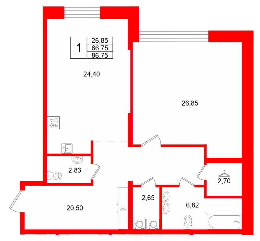 Квартира в ЖК «VI квартал», 1 комнатная, 86.75 м², 1 этаж