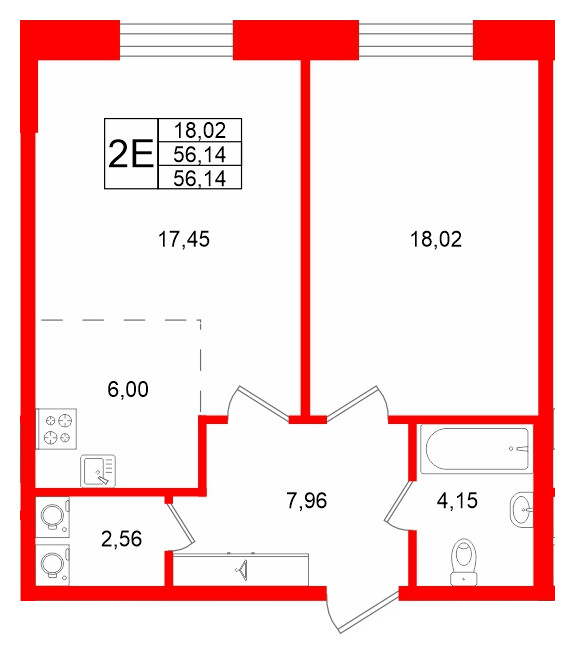 Квартира в ЖК «VI квартал», 1 комнатная, 56.14 м², 1 этаж