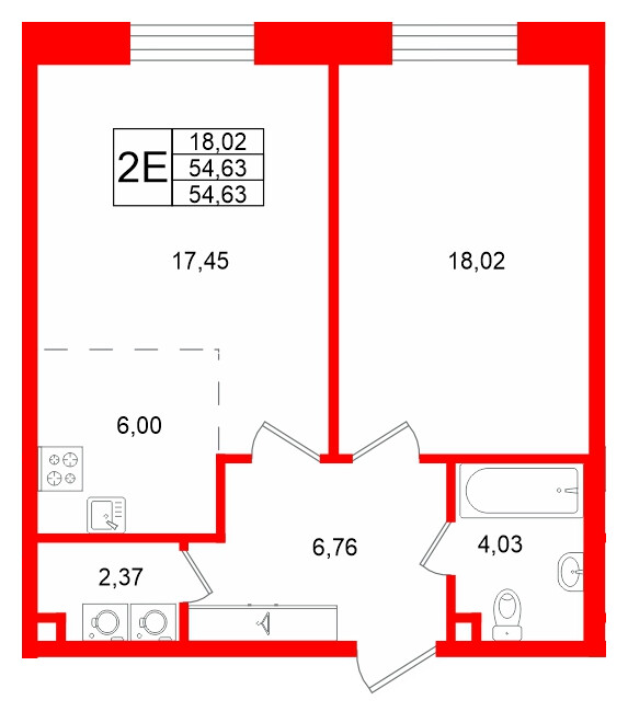 Квартира в ЖК «VI квартал», 1 комнатная, 54.63 м², 2 этаж