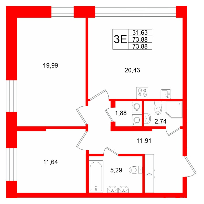 Квартира в ЖК «VI квартал», 2 комнатная, 73.88 м², 1 этаж