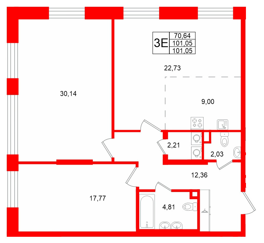 Квартира в ЖК «VI квартал», 2 комнатная, 101.05 м², 2 этаж