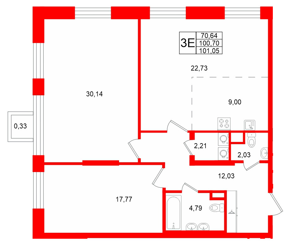 Квартира в ЖК «VI квартал», 2 комнатная, 101.03 м², 3 этаж