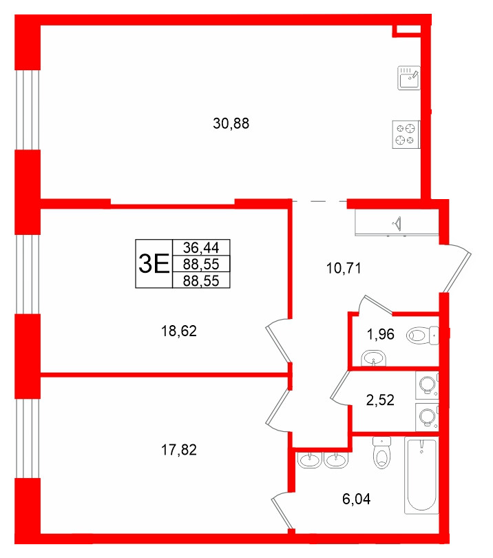 Квартира в ЖК «VI квартал», 2 комнатная, 88.55 м², 1 этаж