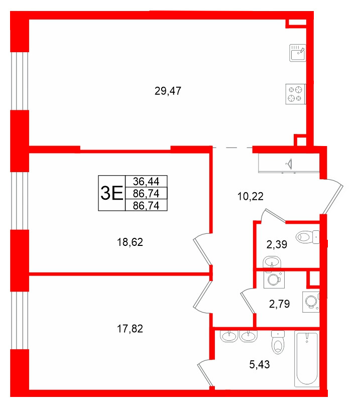 Квартира в ЖК «VI квартал», 2 комнатная, 86.74 м², 2 этаж