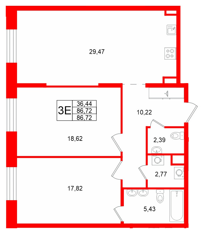 Квартира в ЖК «VI квартал», 2 комнатная, 86.72 м², 3 этаж