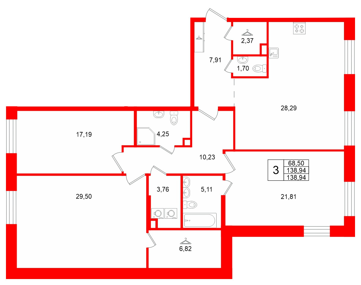 Квартира в ЖК «VI квартал», 3 комнатная, 138.94 м², 2 этаж