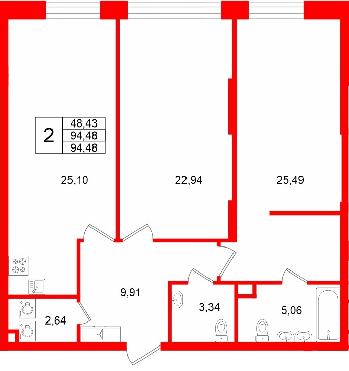 Квартира в ЖК «VI квартал», 2 комнатная, 94.48 м², 2 этаж