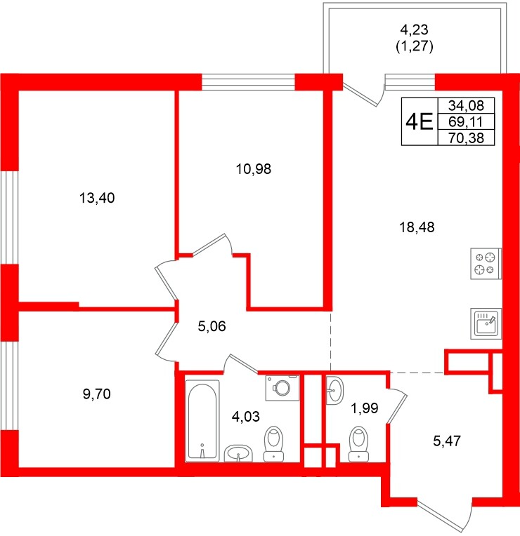 Квартира в ЖК «Имена», 3 комнатная, 70.38 м², 4 этаж
