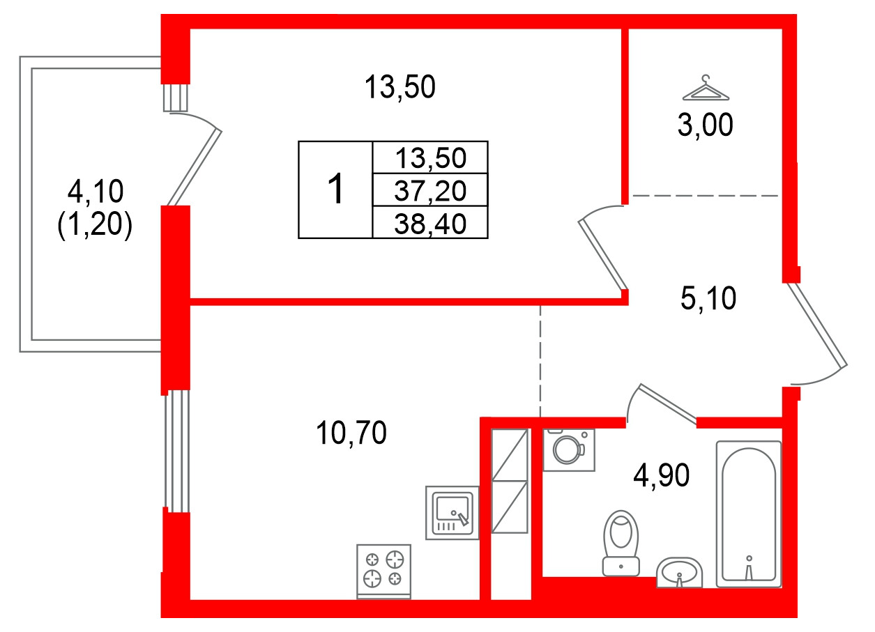 Квартира в ЖК Янила Форест, 1 комнатная, 38.4 м², 6 этаж