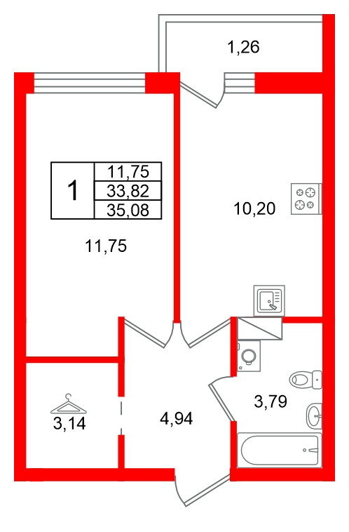 Квартира в ЖК «Финский Квартал», 1 комнатная, 35.08 м², 6 этаж