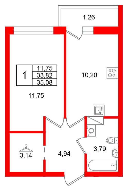 Квартира в ЖК Финский Квартал, 1 комнатная, 35.08 м², 4 этаж