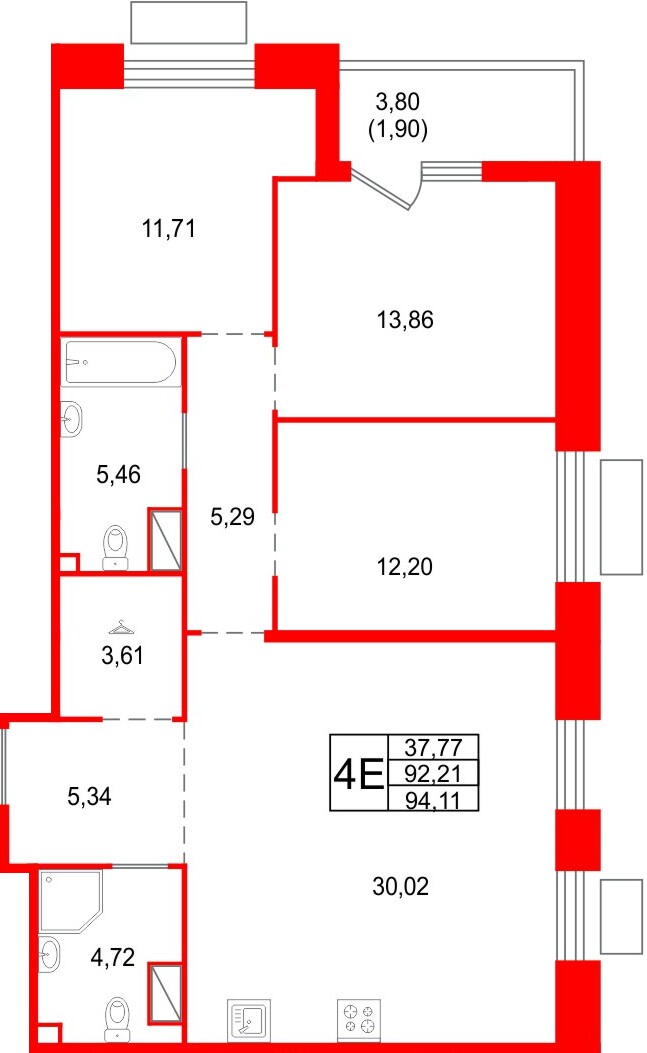 Квартира в ЖК «Респект», 3 комнатная, 94.11 м², 11 этаж