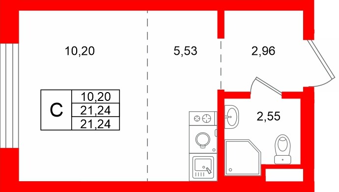 Квартира в ЖК «Заречный парк», студия, 21.24 м², 1 этаж