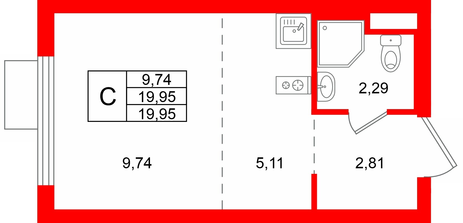 Квартира в ЖК «Заречный парк», студия, 19.95 м², 9 этаж