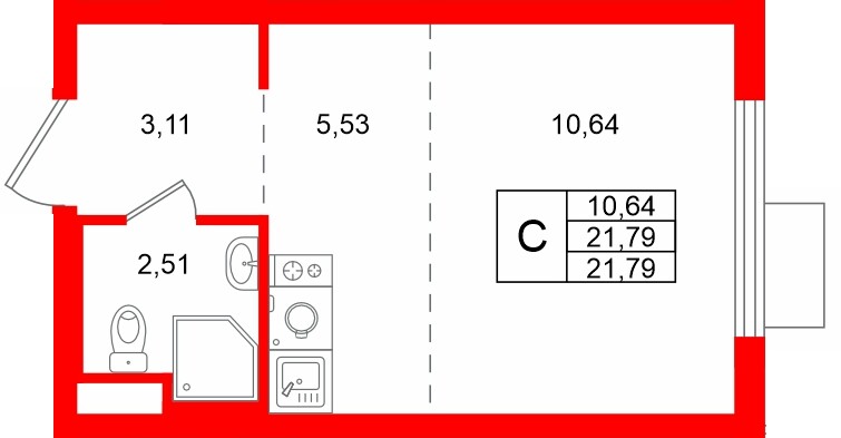Квартира в ЖК «Заречный парк», студия, 21.79 м², 7 этаж