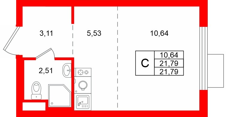 Квартира в ЖК «Заречный парк», студия, 21.79 м², 22 этаж