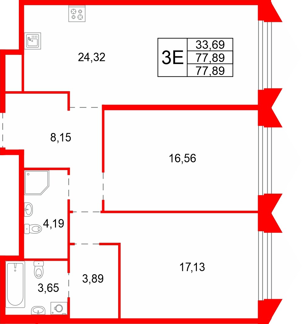 Квартира в ЖК Акватория, 2 комнатная, 77.89 м², 2 этаж