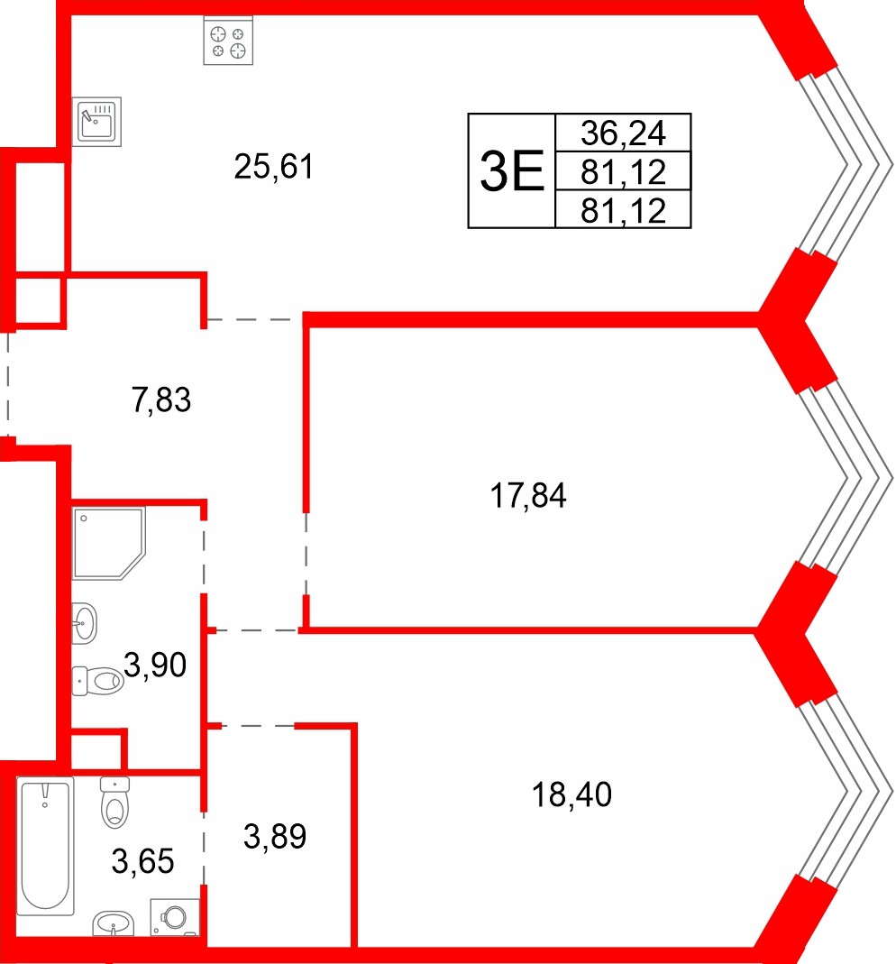 Квартира в ЖК Акватория, 2 комнатная, 81.12 м², 3 этаж