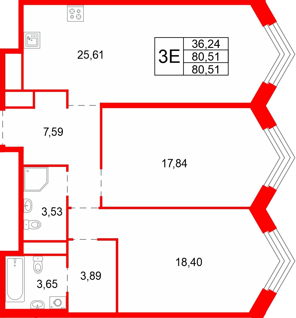 Квартира в ЖК Акватория, 2 комнатная, 80.51 м², 7 этаж