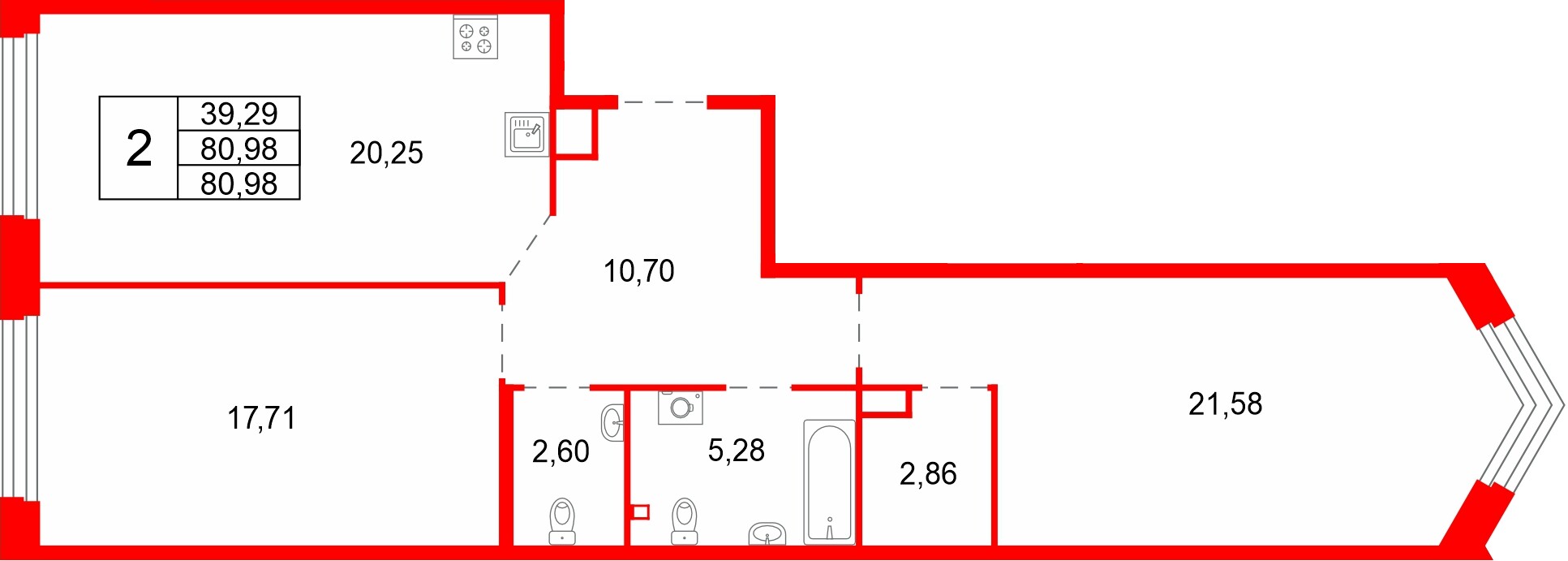 Квартира в ЖК Акватория, 2 комнатная, 80.98 м², 3 этаж