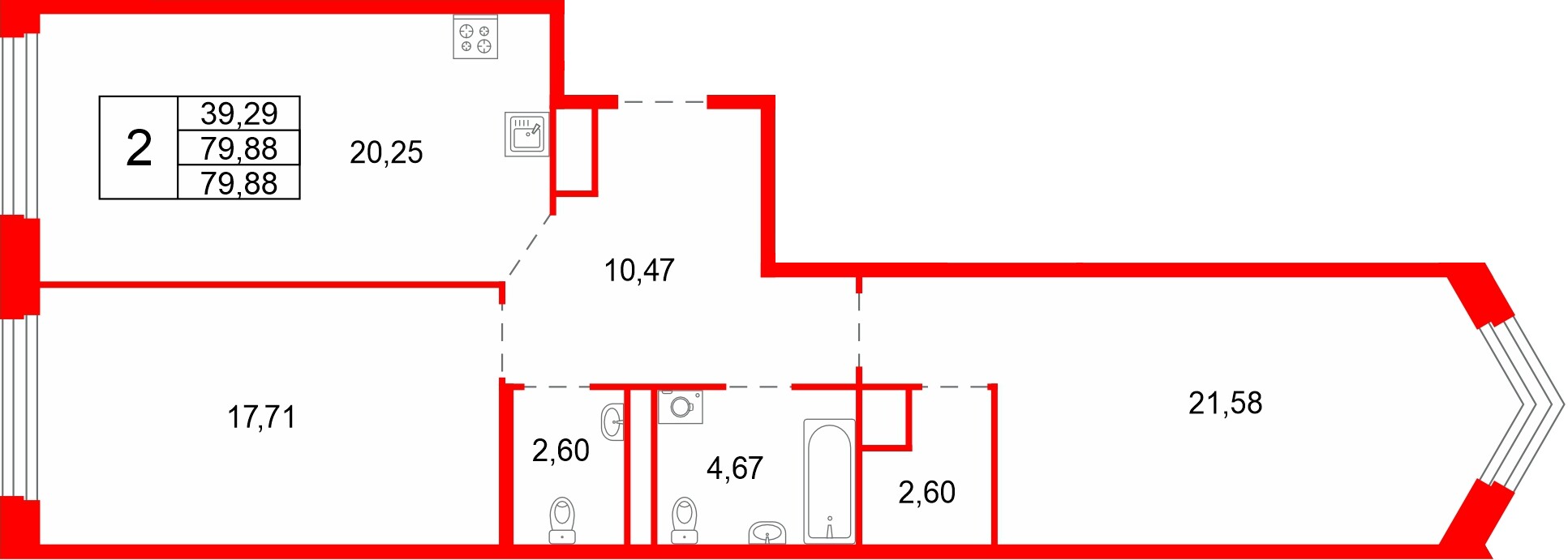Квартира в ЖК Акватория, 2 комнатная, 79.88 м², 7 этаж