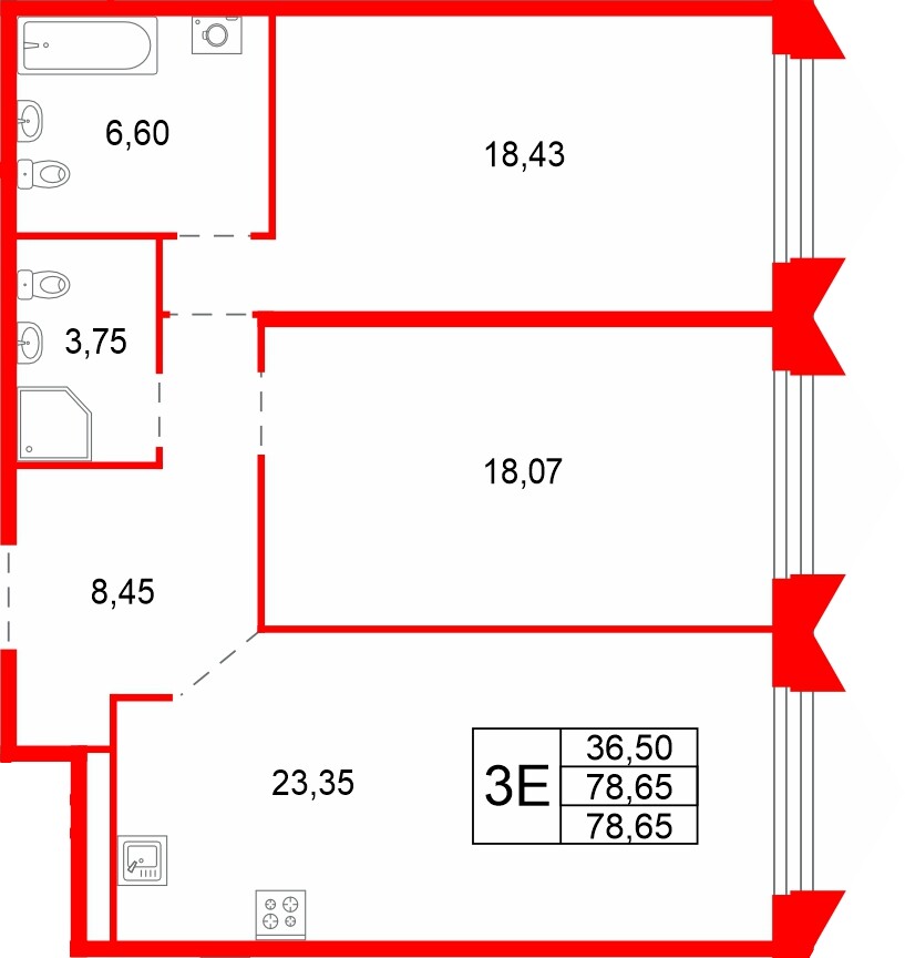 Квартира в ЖК Акватория, 2 комнатная, 78.65 м², 2 этаж