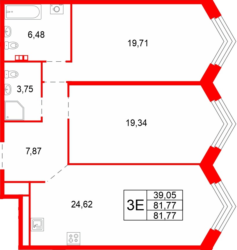 Квартира в ЖК Акватория, 2 комнатная, 81.77 м², 5 этаж