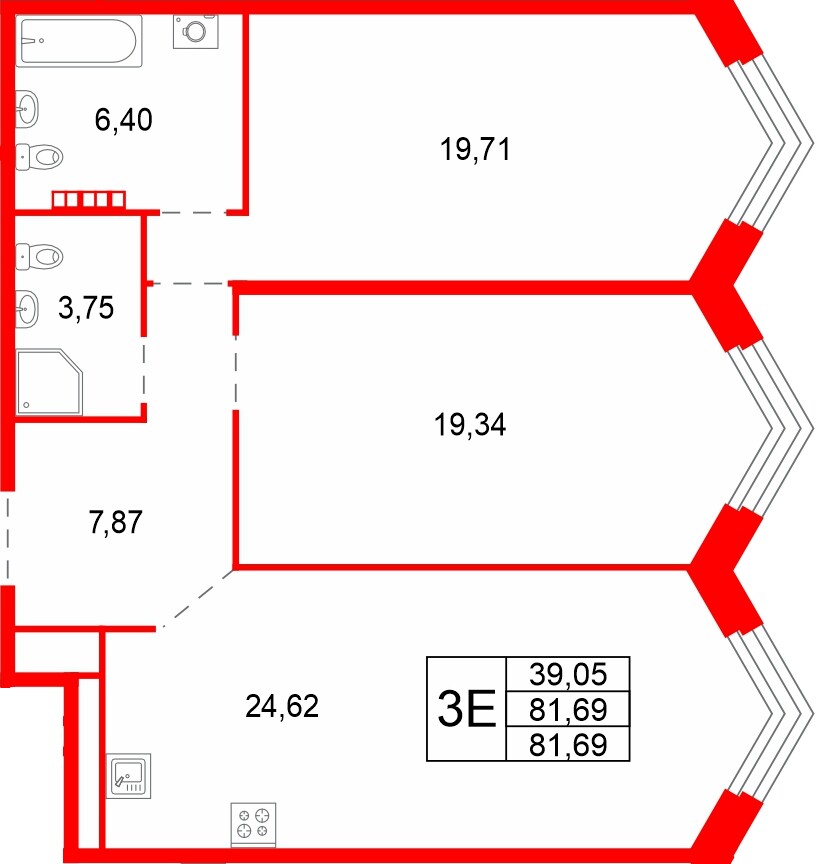 Квартира в ЖК Акватория, 2 комнатная, 81.69 м², 7 этаж