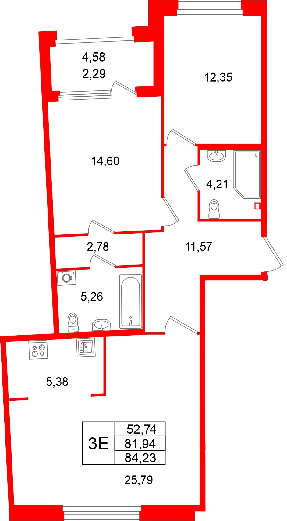 Квартира в ЖК Акватория, 2 комнатная, 84.23 м², 3 этаж