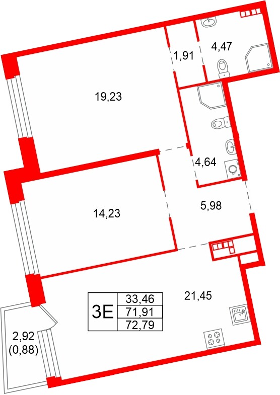 Квартира в ЖК Акватория, 2 комнатная, 72.79 м², 7 этаж