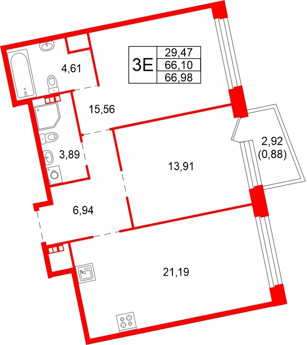 Квартира в ЖК Акватория, 2 комнатная, 66.98 м², 5 этаж