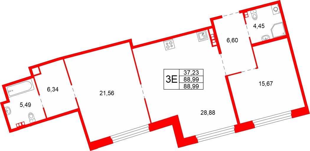 Квартира в ЖК Акватория, 2 комнатная, 88.99 м², 5 этаж
