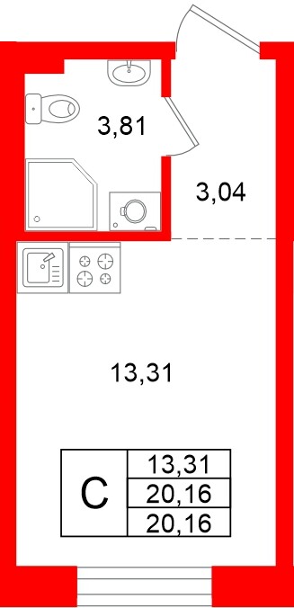 Квартира в ЖК «Аннино Сити», студия, 20.16 м², 1 этаж