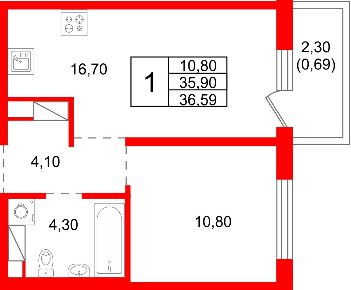 Квартира в ЖК «Плюс Пулковский», 1 комнатная, 36.59 м², 4 этаж