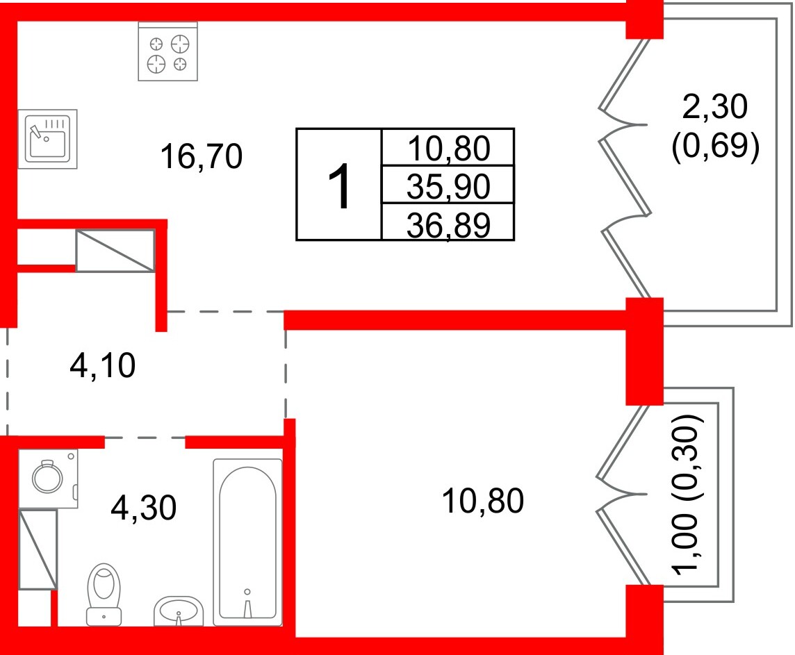 Квартира в ЖК «Плюс Пулковский», 1 комнатная, 36.89 м², 5 этаж