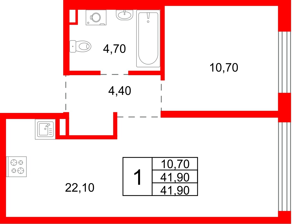 Квартира в ЖК «Плюс Пулковский», 1 комнатная, 41.9 м², 1 этаж