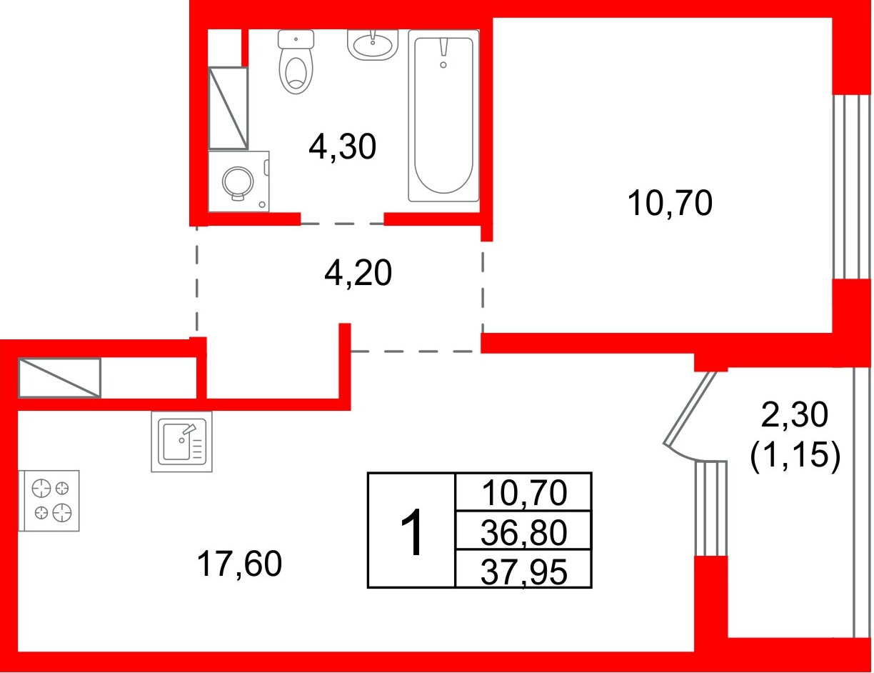 Квартира в ЖК «Плюс Пулковский», 1 комнатная, 37.95 м², 2 этаж