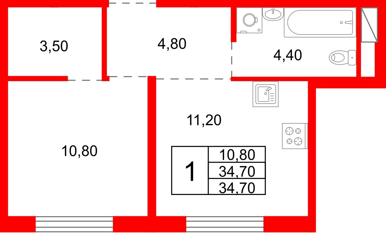 Квартира в ЖК «Плюс Пулковский», 1 комнатная, 34.7 м², 5 этаж