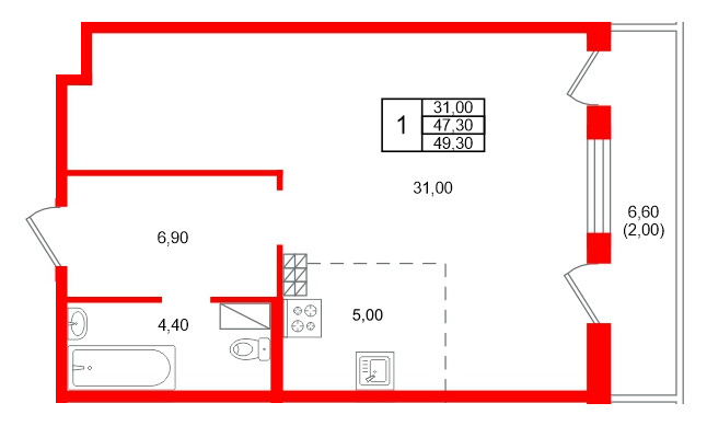 Планировка — 1-комн квартира, 47,3 м² в ЖК «Дом на Бронницкой»