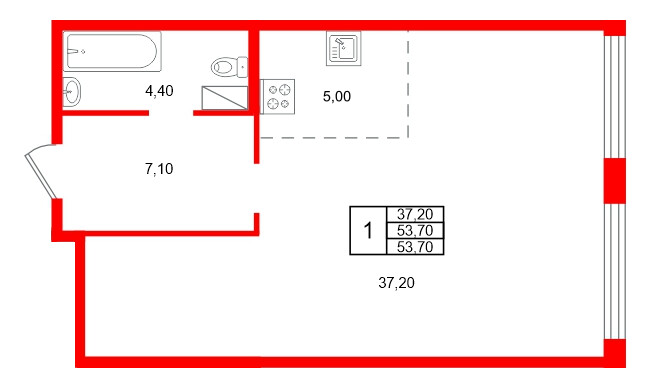 Планировка — 1-комн квартира, 53,7 м² в ЖК «Дом на Бронницкой»